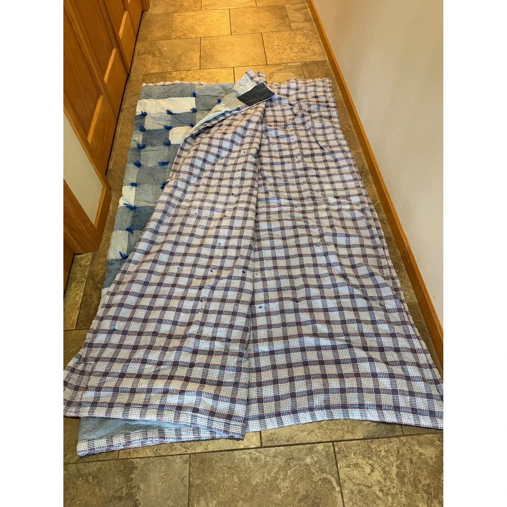 Handmade Patchwork Denim Quilt Levi Strauss Pocket Plaid Flannel Back 71x88